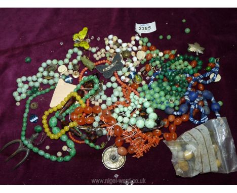 A quantity of jewellery including coral necklace, silver bird brooch, enamel silver gilt butterfly brooch, silver seahorse cu