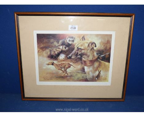 A framed and mounted Mick Cawston Print depicting Greyhounds, ferrets and a rabbit, 19 1/4" x 15 3/4". 
