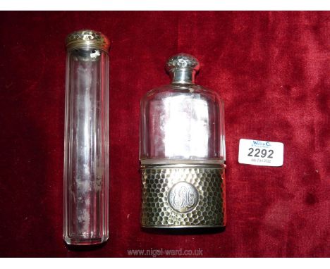 A glass flask with silver base and lid with G.H engraved on both, London 1895, maker rubbed together with a perfume bottle wi