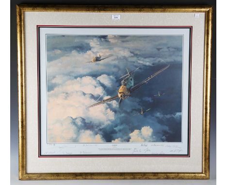 After Robert Taylor - 'Horrido !': four Messerschmitt Me 109s flying above clouds, colour print, limited edition Studio Proof