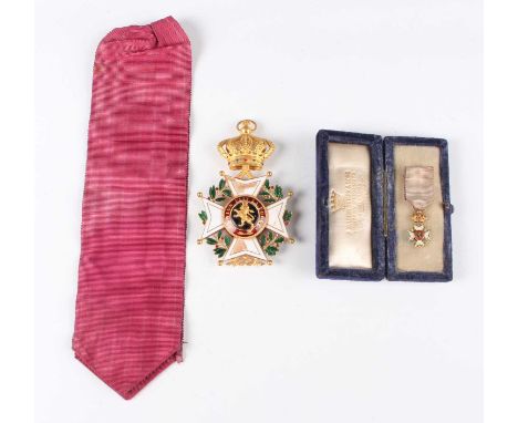 A Belgian gold and enamelled Order of Leopold, civil division, with ribbon, weight 40.2g (enamel damaged), together with the 