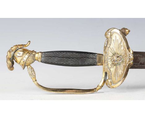 A late 18th/early 19th century officer's dress sword with straight single-edged fullered blade, blade length 85.5cm, engraved