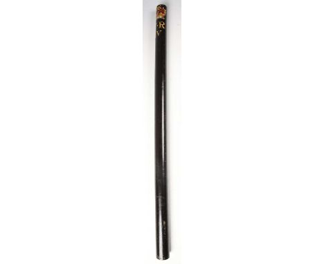 A William IV wooden police officer's truncheon or riot stick, the black-painted shaft polychrome-decorated to the end with cr