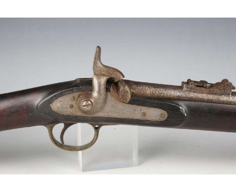 A 19th century British Enfield pattern percussion musket with sighted round steel barrel, barrel length 99cm, rear ladder sig