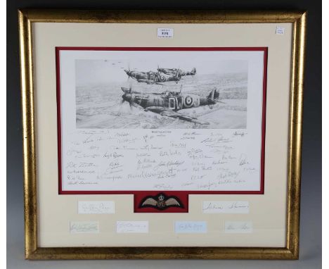 After Robert Taylor - 'Those Valiant Few': Supermarine Spitfires of 610 Squadron flying in formation over fields, monochrome 