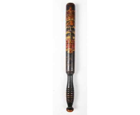 A George IV wooden police officer's truncheon, the black-painted body with ring-turned grip and polychrome-decorated with par