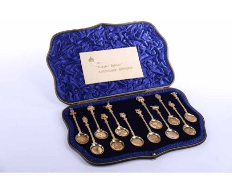 SET OF TWELVE EDWARDIAN SILVER GILT SOUVENIR SPOONS
maker Edward Barnard & Sons Ltd, London 1906, named 'The Greater Britain 