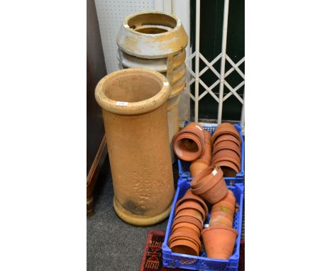 Architectural Salvage - an early 20th century terracotta chimney pot; another similar, terracotta plant pots; qty 