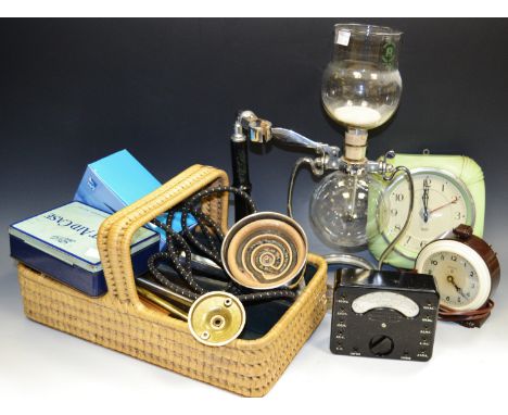 A Smith's bakelite wall clock; a Ferranti bakelite clock; Conda electric coffee machine; Avo meter; First Aid kit; etc