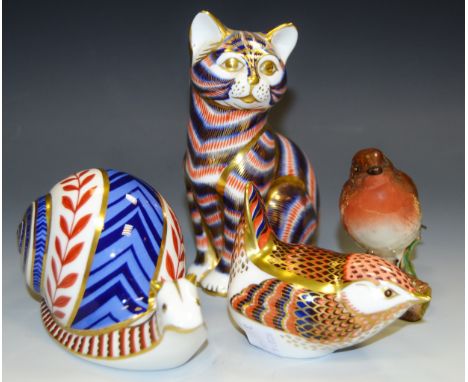 A Royal Crown Derby Garden Snail, ceramic stopper; a Royal Crown Derby seated Tabby, ceramic stopper; a Royal Crown Derby Wre