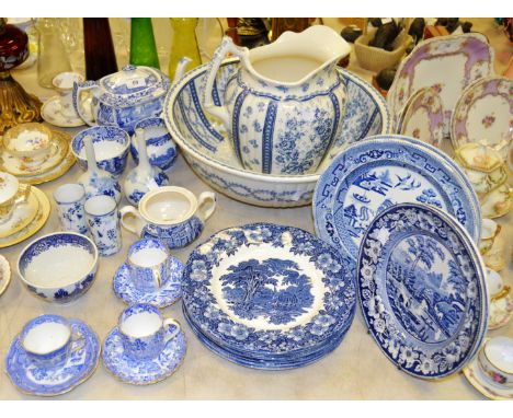 Blue and White Ceramics - a Spode boat shaped teapot; a Wedgwood Wilton wash bowl and jug;  etc