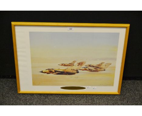 Eric Day, by and after, Desert Storm, coloured print, signed by the pilots, John Nicol, John Peters and Rupert Clark, 49cm x 