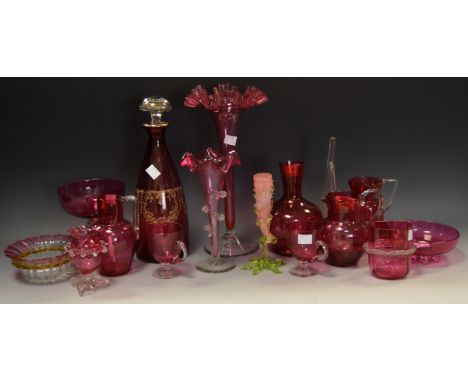 Cranberry Glass  - a Victorian frilled cranberry glass specimen vase; a cranberry glass decanter ; a pair of cranberry glass 