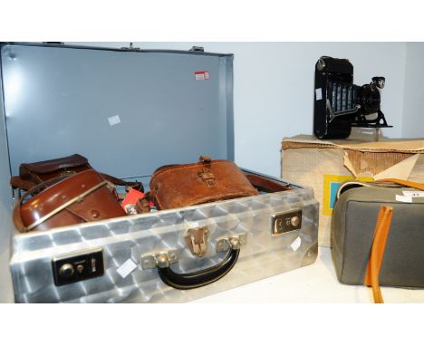 Photographic Interest  - a Zeiss Ikon box camera; a pair of cased binoculars; a Kodak camera; Olympus camera; film; metal cas