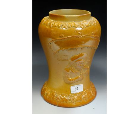 A 19th century saltglazed baluster shaped tobacco jar, decorated with sprigged gentleman smoking a pipe, holding snuff box , 