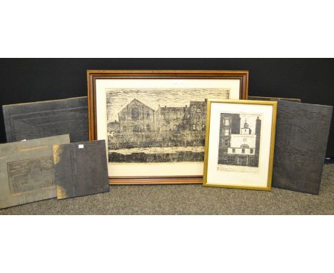 Local Interest - Arnold KnebalChurch of St Ethelburgawood block print, artist proof, framed;another larger; various carved wo