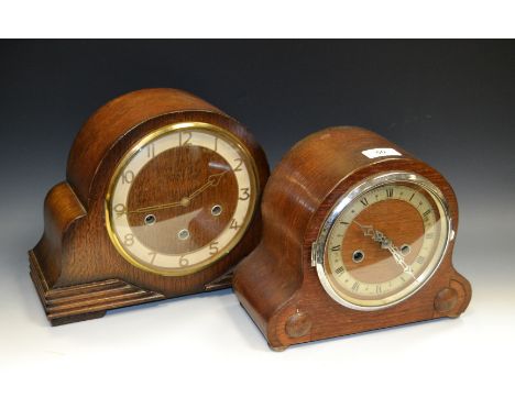 An Art Deco oak mantel clock, three-train Westminster chime movement, c.1940; another (2)