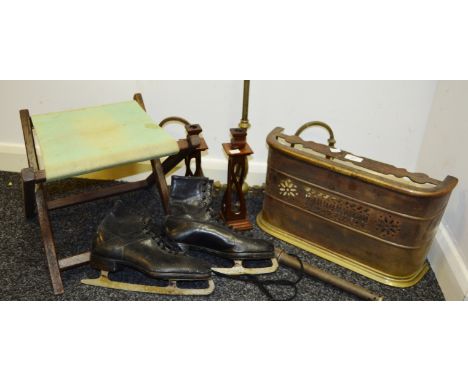 A pair of Hudora ice skates; a brass fender; a brass ceiling light; a pair of candlesticks etc