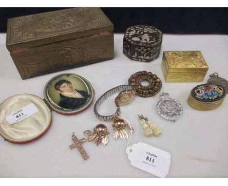 A 19th century oval leather cased portrait miniature of a gentleman, various costume jewellery, etc  