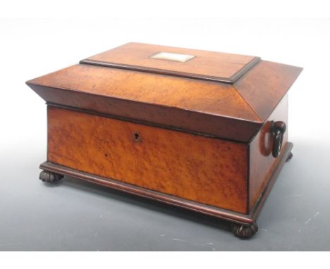 A bird's eye maple work box with fitted tray and ring handles  