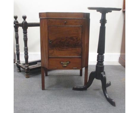 A Sheraton mahogany wash stand, 80cm high x 48cm wide, later fitted with gramophone, a stick stand and a torchere (3)  