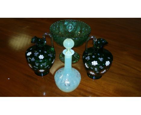 A pair of floral enamelled green glass jugs, a standing bowl and a vaseline glass decanter and stopper (4)  