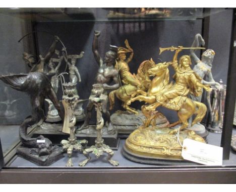 Various decorative metal mantelpiece figures and ornaments  