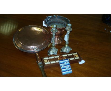 A Games marker, cards, a pair of brass candlesticks, a copper planter and a warming pan  