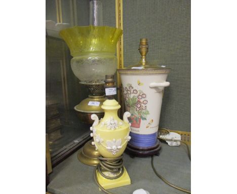A brass oil lamp with glass shade and lamps converted to electricity (3)  