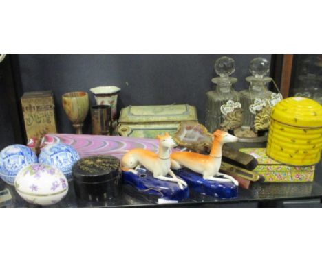 A box of mixed china, glass and metal items including a Nailsea rolling pin etc  