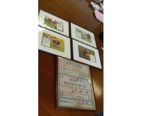 An 1885 alphabet sampler together with four golfing prints after Crombie (4)  