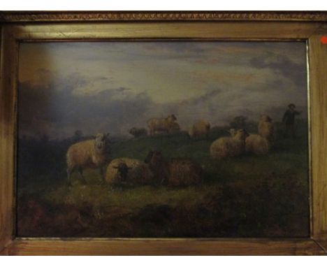 R Benedict (British, 19th Century)- A Shepherd with sheep in a landscape, signed lower right "R Benedict", oil on board, 21 x