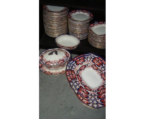 A Crown Derby Imari palette dinner service, date code for 1898, each piece decorated with the 3973 pattern (96)  Two of the d