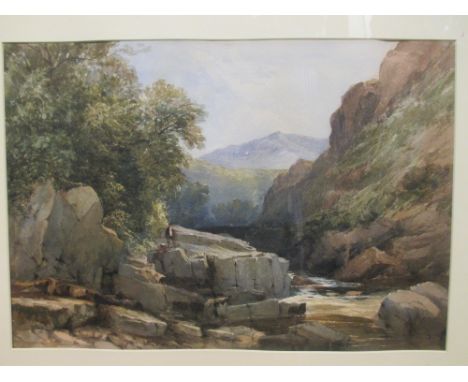 David Hall McKewan, RWS (British, 1816–1873) Welsh mountain stream with climbers climbing the cliffs signed lower left "D H M