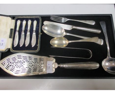 Assorted silver cutlery including a cased set of MOP handled butterknives, a sauce ladle, a George III silver fish slice a/f 