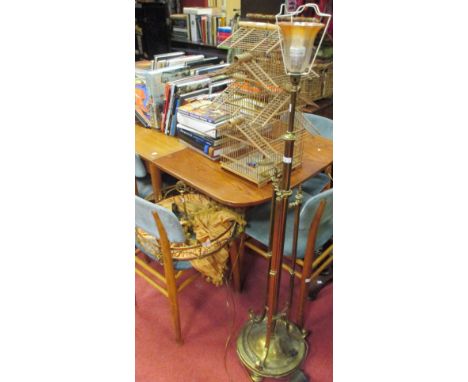 A brass column standard lamp (a/f), another light fitting and a part bamboo bird cage (3)  