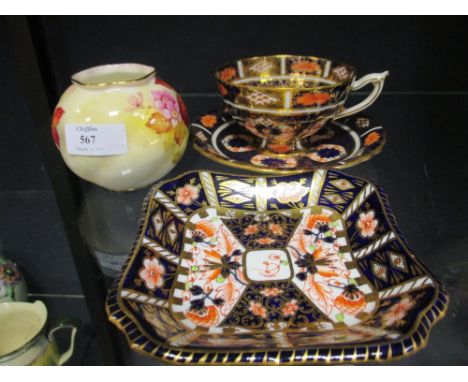 A Crown Derby Imari palette cup, saucer and dish together with a Royal Worcester vase painted with blackberries (4)  