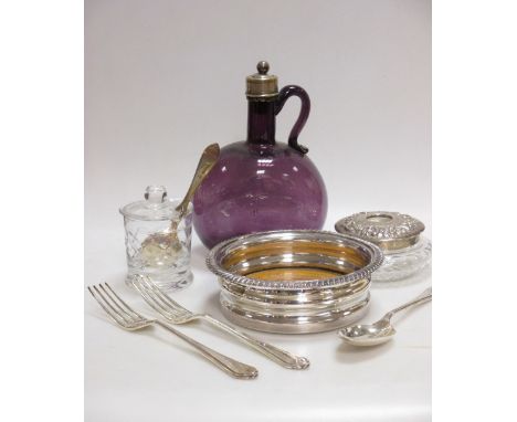 An amethyst glass decanter with electroplate stopper, a collection of silver and electroplated teaspoons and other flatware e