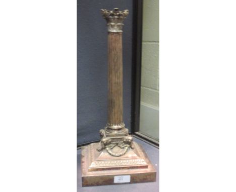 An electroplate table lamp standard with square base and Corinthian capitals  