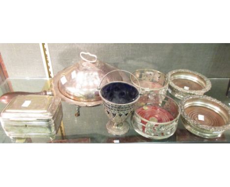 Two pairs of plated wine coasters, a bon bon dish, caddy and a plated warmer (7)  