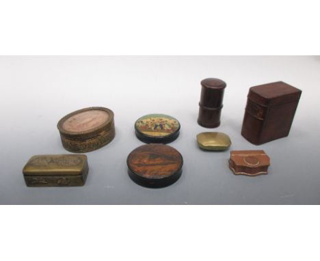 A collection of 18th/19th century snuff and other boxes, small size and including a leather playing card box (15)  