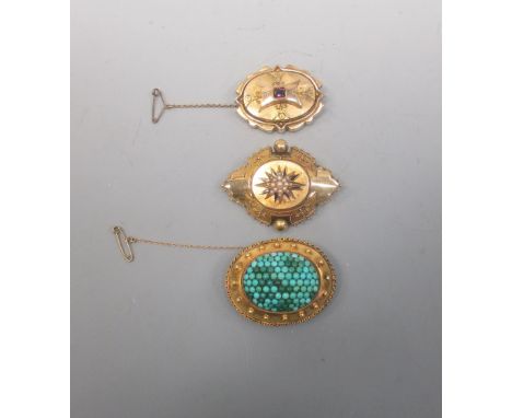 Three Victorian locket brooches set with turquoises, pearls and a purple stone (amethyst?)  