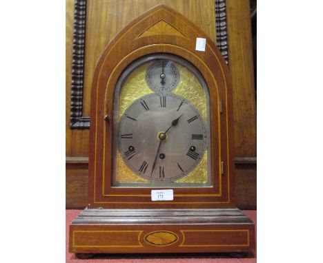 A gong chiming mahogany and inlaid arched case mantel clock, with German movement  