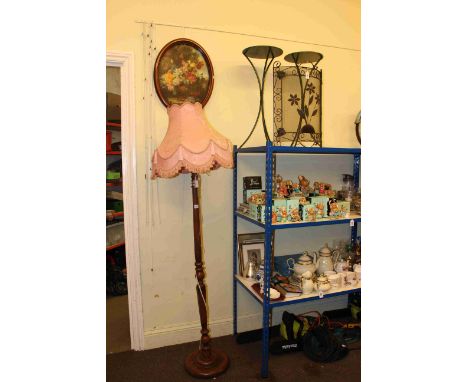 Pair circular cast metal patio tables, oak standard lamp and shade, wrought metal firescreen and oval floral picture (5).