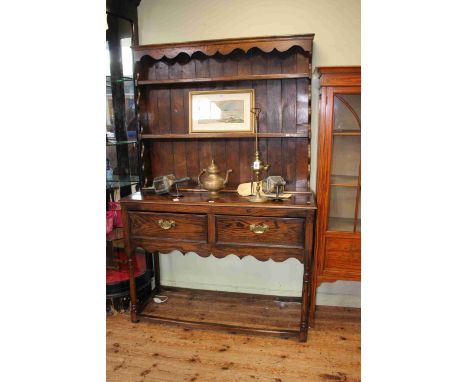 Oak two drawer shelf back dresser, 190cm by 125cm.