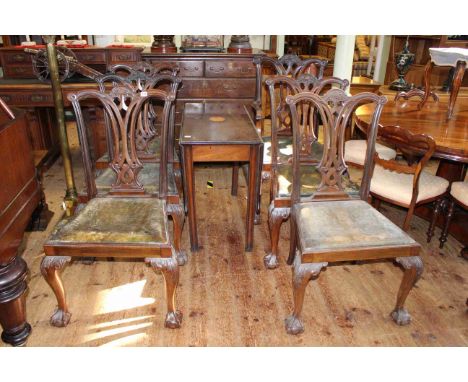 19th Century inlaid drop leaf dining table and set of six mahogany Chippendale style dining chairs including one carver.