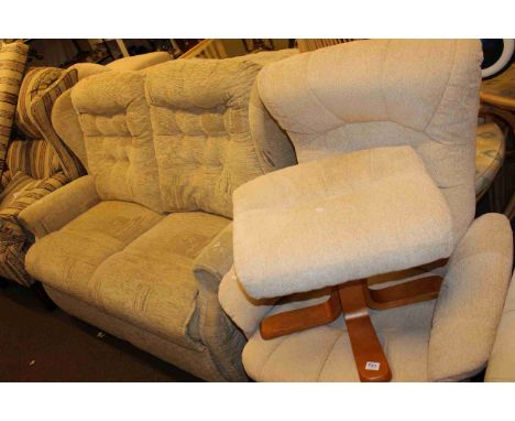 Two seater button backed settee and swivel chair and matching footstool in light fabric (3).