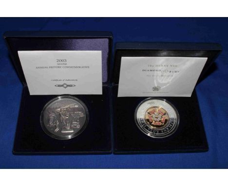 Henry VIII diamond and ruby 5oz silver Britannia with 18 carat gold plated Tudor rose inlay and a 2003 silver annual history 