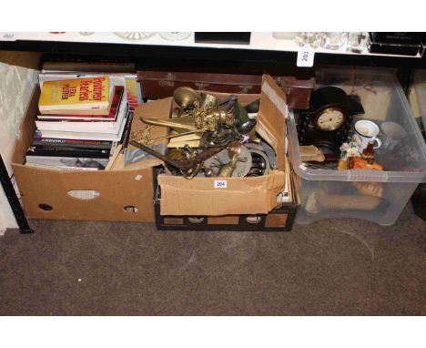 Prints, books, metalwares, suitcase, mantel clock, ceramics, fabrics, etc.