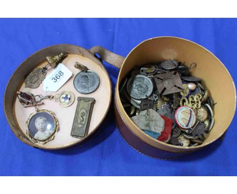 Collection of military badges and buttons, officers pips, enamel sweetheart brooches, Coronation medallions c1900s, coinage (